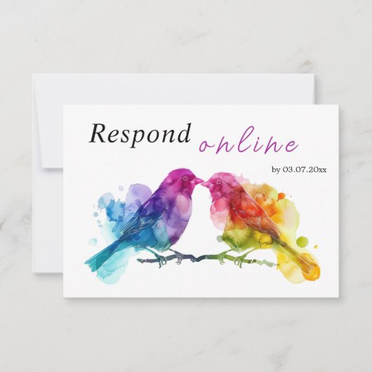 Reageren Online LGBTQ+ Rainbow Lovebirds RSVP Kaartje (Voorkant)