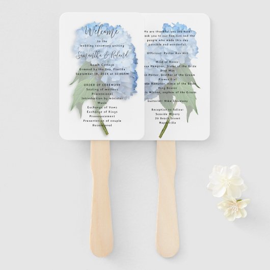 Real Blue Hydrangea Flowers Wedding Programme Handwaaier (Voorkant en achterkant)