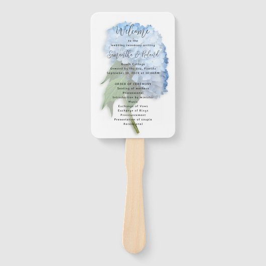Real Blue Hydrangea Flowers Wedding Programme Handwaaier (Voorkant)