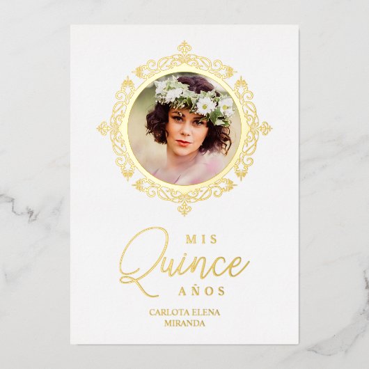 Real Dorado XV Foto Español Efecto Encaje Folie Uitnodiging (Voorkant)