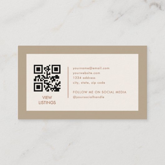 Real Estate Agent Beige Neutral Logo QR Code Visitekaartje (Achterkant)