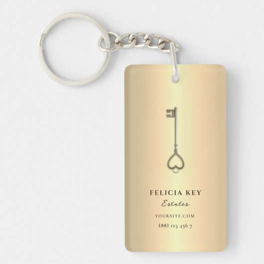 Real Estate Agent Custom Name Gold Key Logo QR Sleutelhanger (Voorkant)