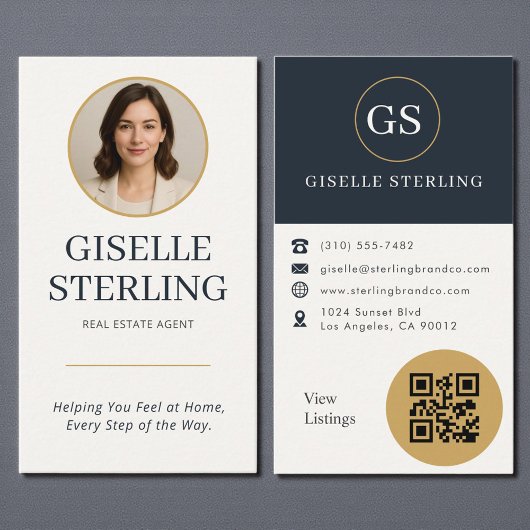 Real Estate Agent Gold & Navy Photo QR Code Modern Visitekaartje