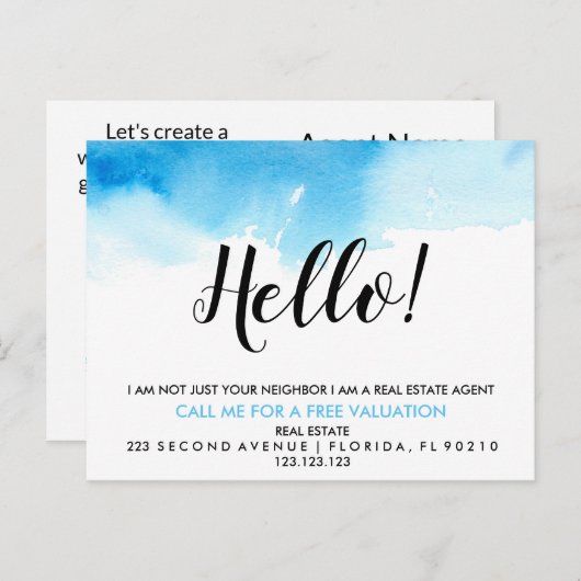 Real Estate Agent HALLO blauwe waterverf Aankondigingskaart (Voorkant / Achterkant)