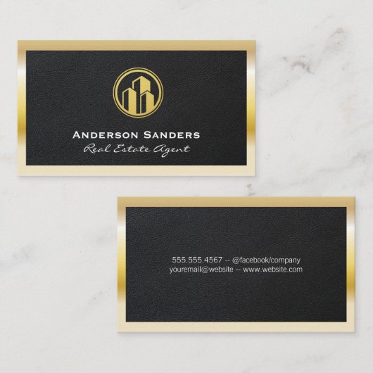 Real Estate Agent | Leder | Goud metallisch Lijst Visitekaartje (Voorkant / Achterkant)