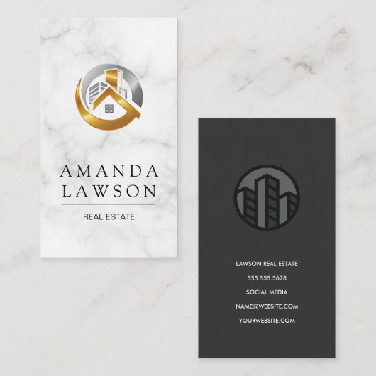 Real Estate Agent | Marmer | Gold Silver-Logo Afsprakenkaartje (Voorkant / Achterkant)