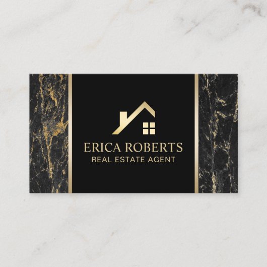 Real Estate Agent Modern Black & Gold Marble Visitekaartje (Voorkant)