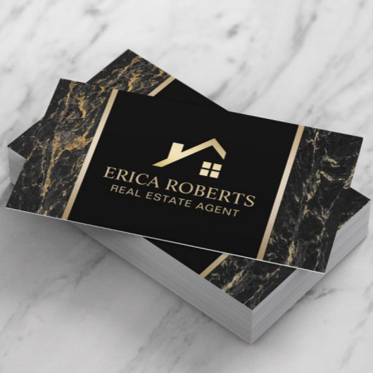 Real Estate Agent Modern Black & Gold Marble Visitekaartje
