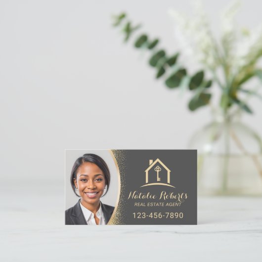 Real Estate Agent Modern Gold Realtor Custom Photo Visitekaartje (Staand voorkant)