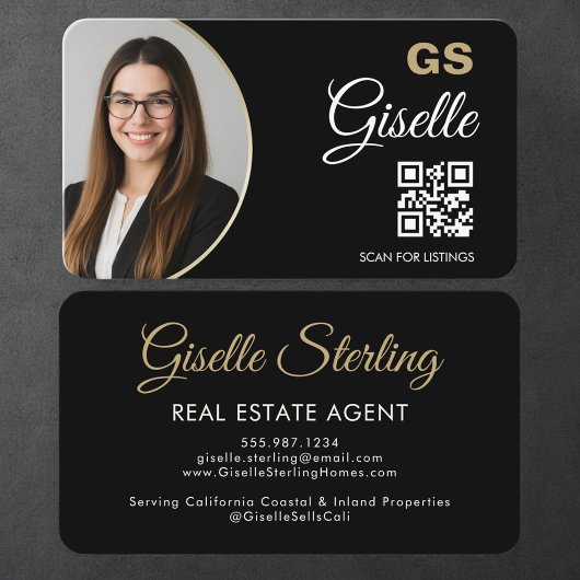 Real Estate Agent QR Code Black Gold Photo  Visitekaartje
