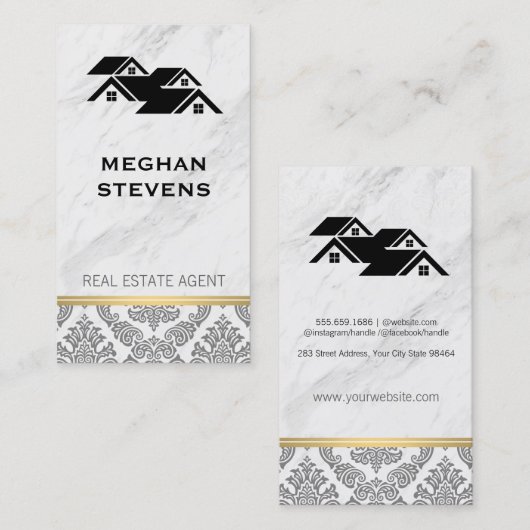 Real Estate Agent Rooftop Marble Damask Gold Trim Afsprakenkaartje (Voorkant / Achterkant)