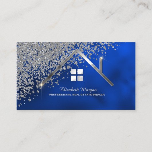 Real Estate Agent Silver House Diamonds Royal Blue Visitekaartje (Voorkant)