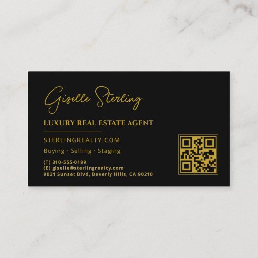 Real Estate Black Gold QR Code Script Luxury  Visitekaartje (Achterkant)