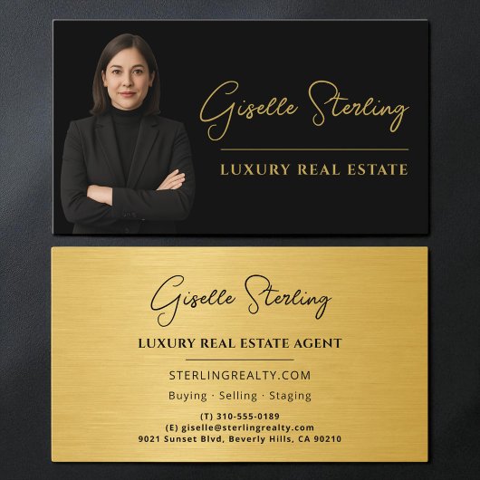 Real Estate Black Gold Script Luxury Metallic Visitekaartje
