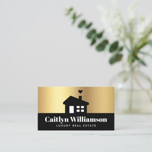 Real Estate Broker Agent Modern Black Gold House Visitekaartje (Staand voorkant)