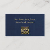 Real Estate Broker Navy Blue Gold Linen QR Code  Visitekaartje (Achterkant)