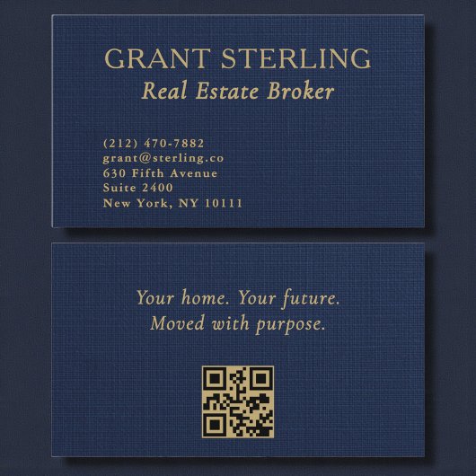Real Estate Broker Navy Blue Gold Linen QR Code  Visitekaartje