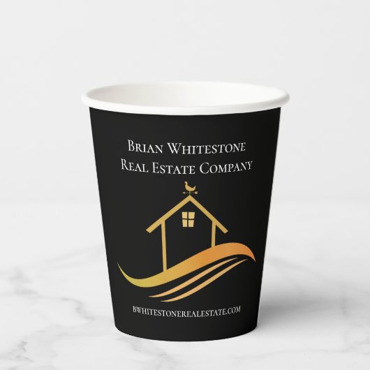 Real Estate Chic Black Gold Custom Open House Papieren Bekers (Achterkant)
