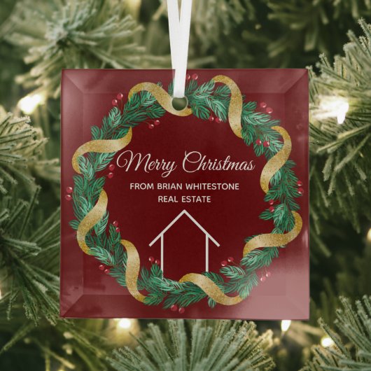 Real Estate Company Merry kerst Custom Red Glas Ornament (Insitu)