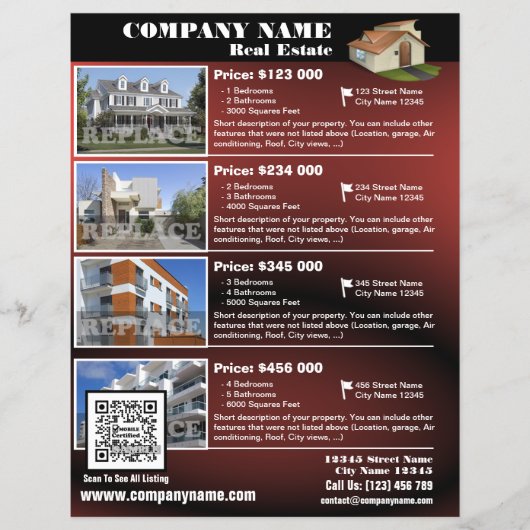Real Estate - Glanzende QR code flyer - Rood (QR45 (Voorkant)
