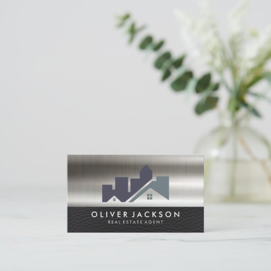 Real Estate Home-pictogram | Leer Metallic Visitekaartje (Staand voorkant)