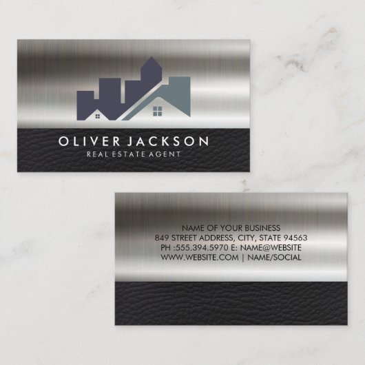 Real Estate Home-pictogram | Leer Metallic Visitekaartje (Voorkant / Achterkant)