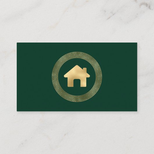 Real Estate House Logo Greek Key Frame Green Gold Visitekaartje (Achterkant)