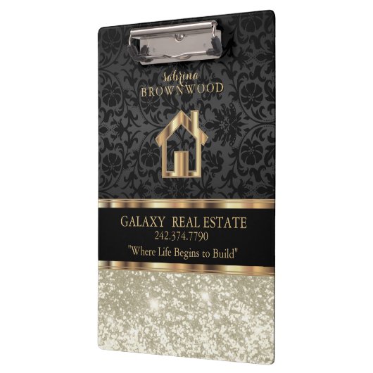 Real Estate - Ivory Glitter en Black Damask Clip Klembord (Links)