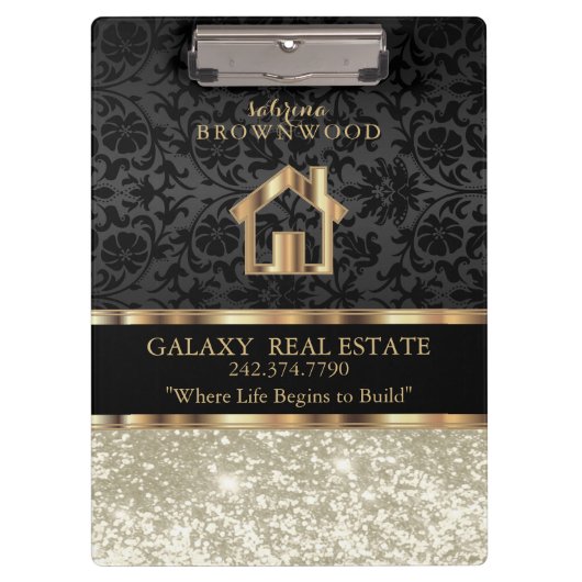 Real Estate - Ivory Glitter en Black Damask Clip Klembord (Voorkant)