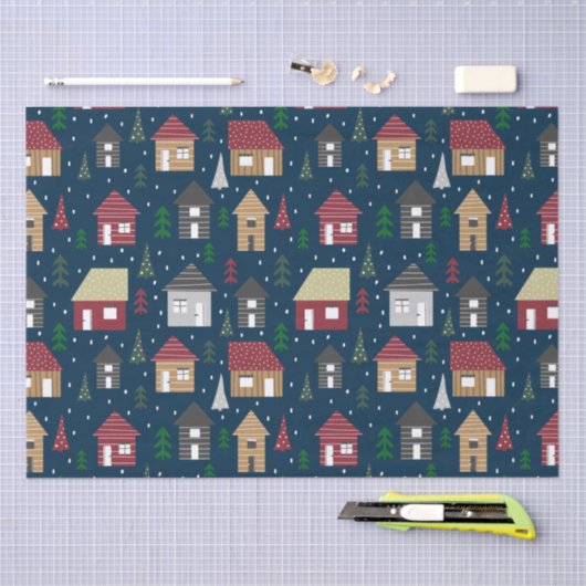 Real Estate Kersthuis Pattern Blue Holiday Tissuepapier (Craft)
