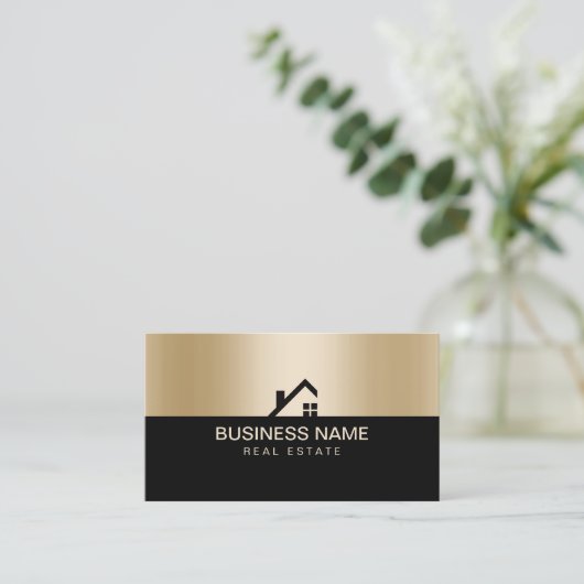 Real Estate Moderne House Logo Black & Gold Visitekaartje (Staand voorkant)