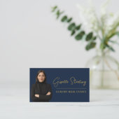 Real Estate Navy Blauwe Gouden QR Code Script Luxe Visitekaartje (Staand voorkant)