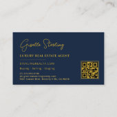 Real Estate Navy Blauwe Gouden QR Code Script Luxe Visitekaartje (Achterkant)
