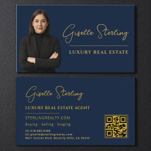 Real Estate Navy Blauwe Gouden QR Code Script Luxe Visitekaartje