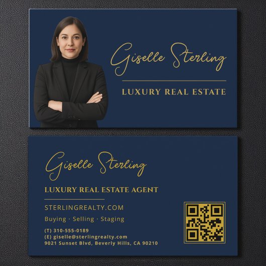 Real Estate Navy Blauwe Gouden QR Code Script Luxe Visitekaartje