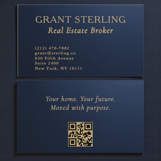 Real Estate Navy Blue Gold Metallic QR Code  Visitekaartje
