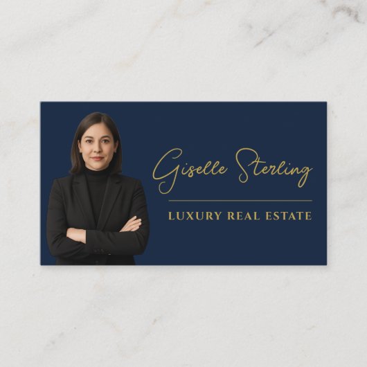 Real Estate Navy Blue Gold QR Code Script Luxury  Visitekaartje (Voorkant)