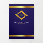 Real Estate Navy Blue House Logo Modern Realtor Drieluik Kaart (Cover)