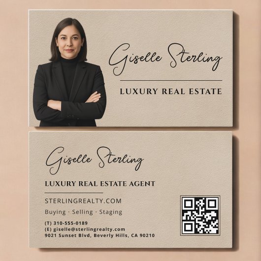 Real Estate QR Code Photo Beige Suede Visitekaartje