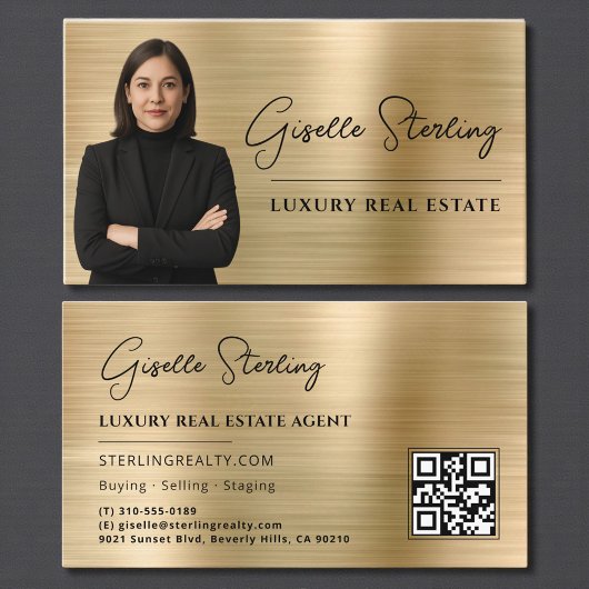 Real Estate QR Code Photo Faux Gold Metallic  Visitekaartje