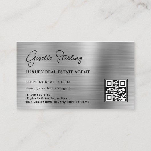 Real Estate QR Code Photo Faux Silver Metallic  Visitekaartje (Achterkant)