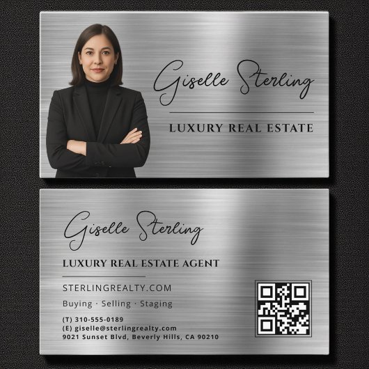 Real Estate QR Code Photo Faux Silver Metallic  Visitekaartje