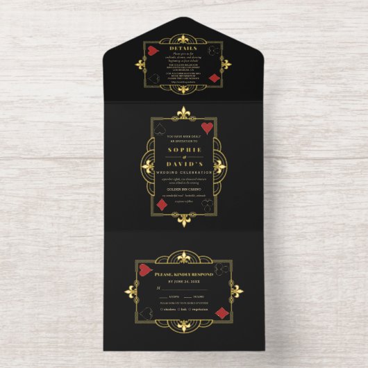 Real Foil Casino Poker Vegas Art Deco Wedding All In One Uitnodiging (Binnenkant)