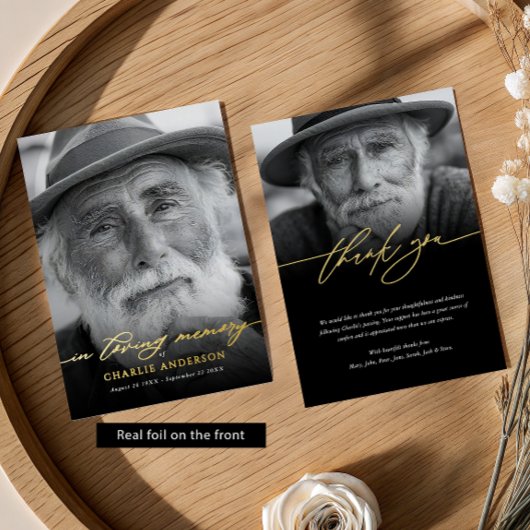 Real Foil Elegant 2-Photo Memorial Thank You Card Folie Uitnodiging