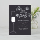 Real Foil Fireworks & Champagne Birthday Party Folie Uitnodiging (Staand Voorkant)