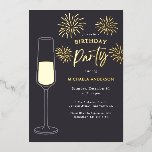 Real Foil Fireworks & Champagne Birthday Party Folie Uitnodiging (Voorkant)