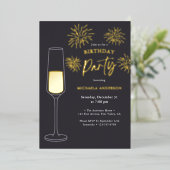 Real Foil Fireworks & Champagne Birthday Party Folie Uitnodiging (Staand Voorkant)