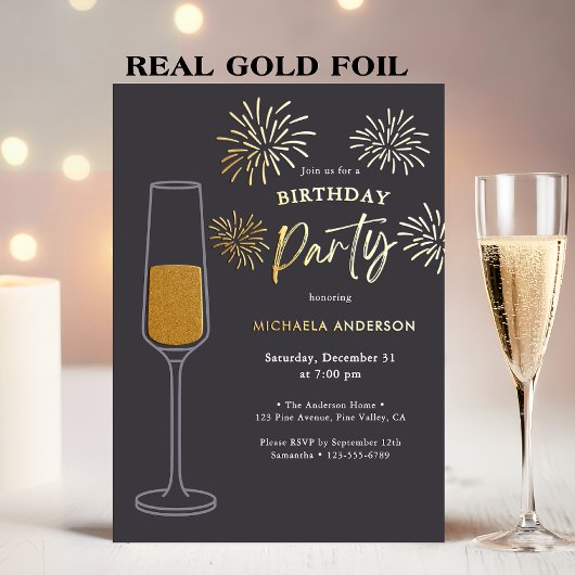 Real Foil Fireworks & Champagne Birthday Party Folie Uitnodiging
