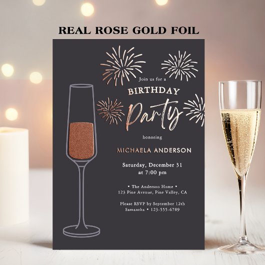 Real Foil Fireworks & Champagne Birthday Party Folie Uitnodiging