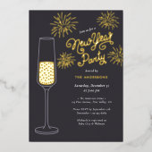 Real Foil Fireworks & Champagne New Year Party Folie Uitnodiging (Voorkant)